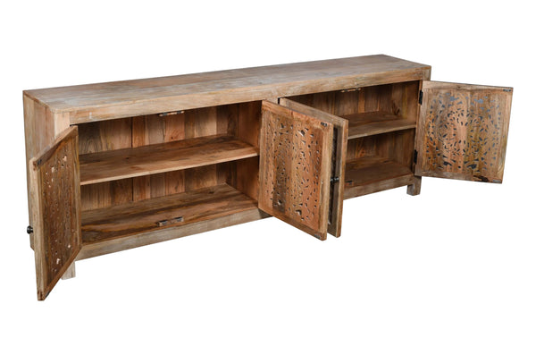 86" Natural Carved Floral Distressed Solid Wood Enclosed Storage TV Stand Homeroots Living Room