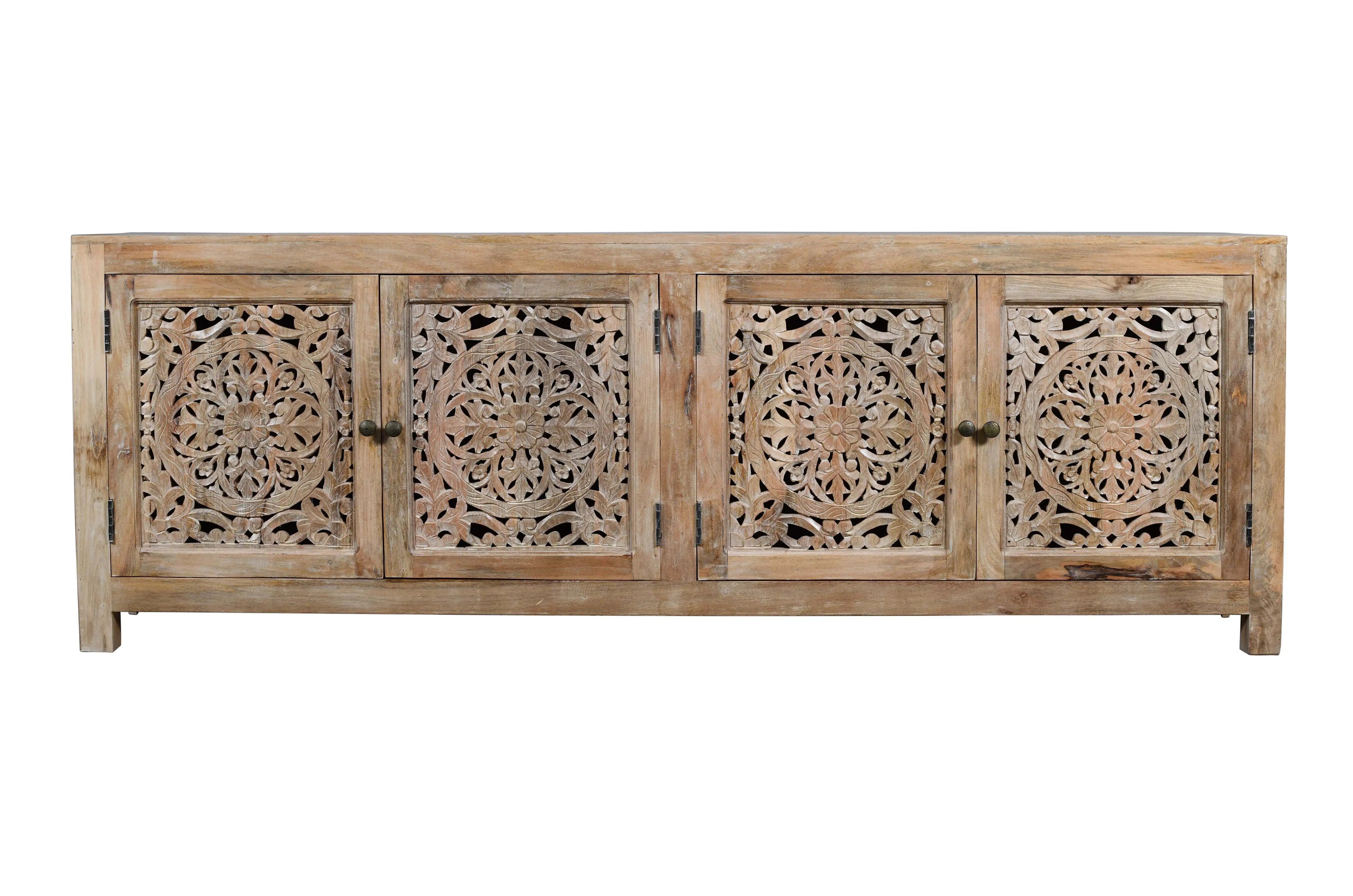 86" Natural Carved Floral Distressed Solid Wood Enclosed Storage TV Stand Homeroots Living Room