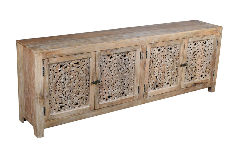 86" Natural Carved Floral Distressed Solid Wood Enclosed Storage TV Stand Homeroots Living Room