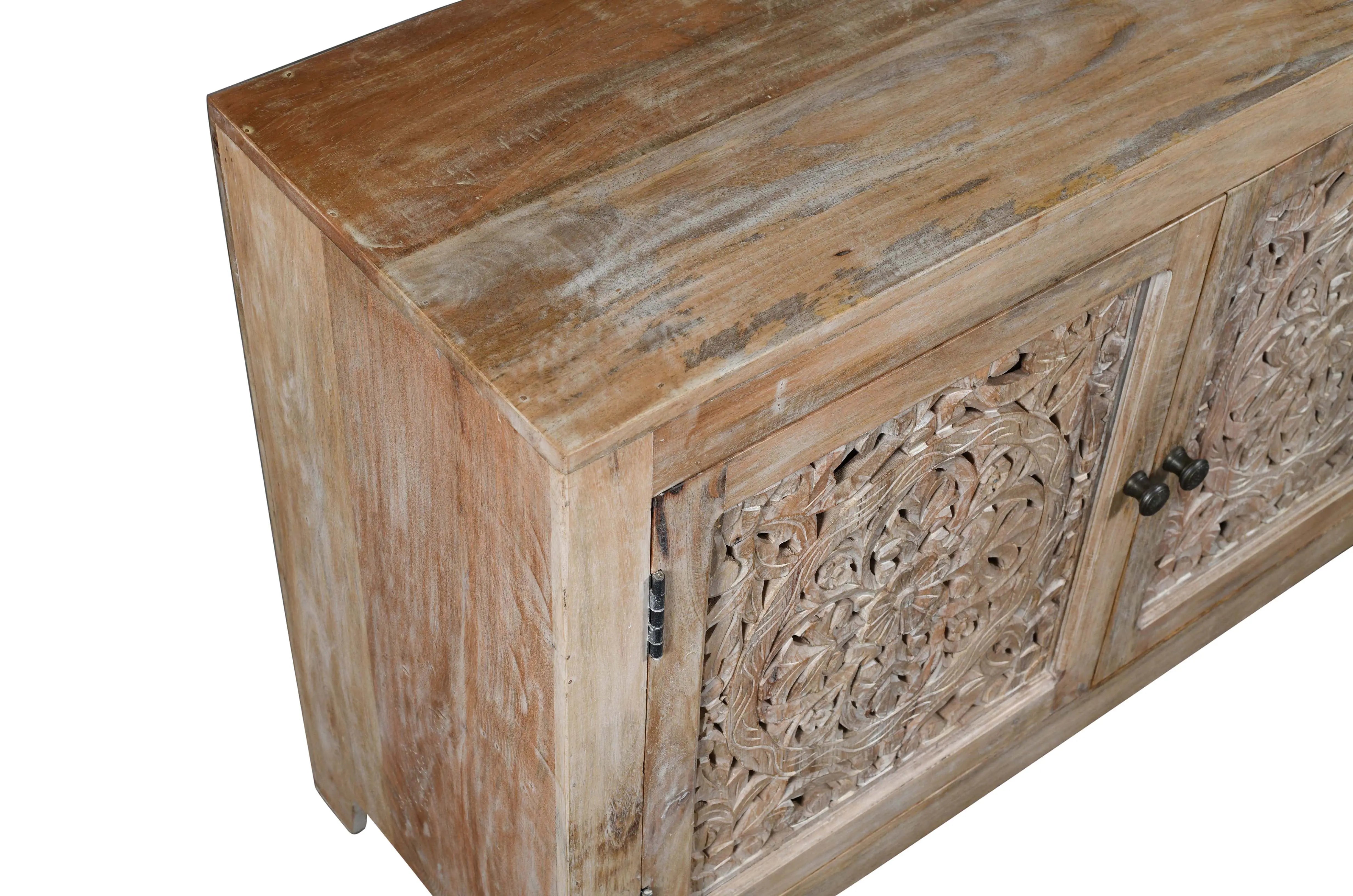 86" Natural Carved Floral Distressed Solid Wood Enclosed Storage TV Stand Homeroots Living Room