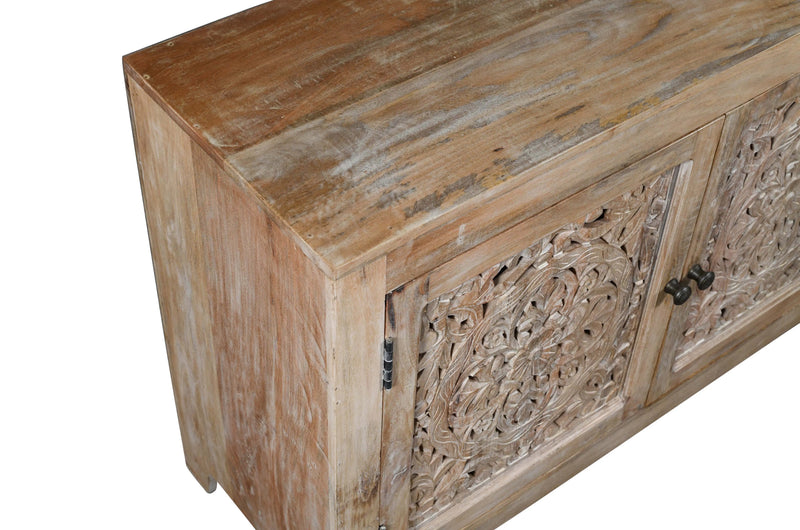 86" Natural Carved Floral Distressed Solid Wood Enclosed Storage TV Stand Homeroots Living Room