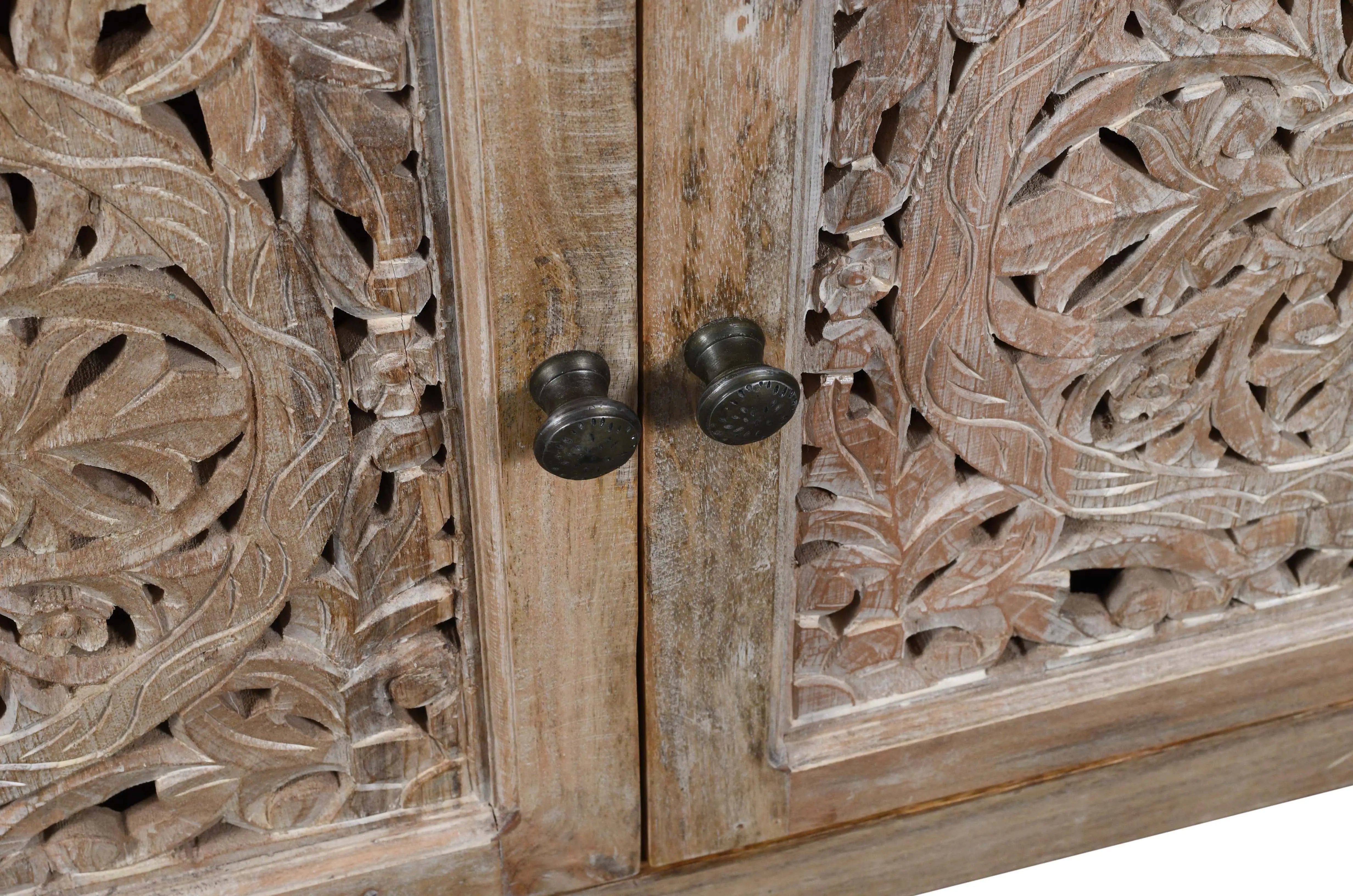 86" Natural Carved Floral Distressed Solid Wood Enclosed Storage TV Stand Homeroots Living Room