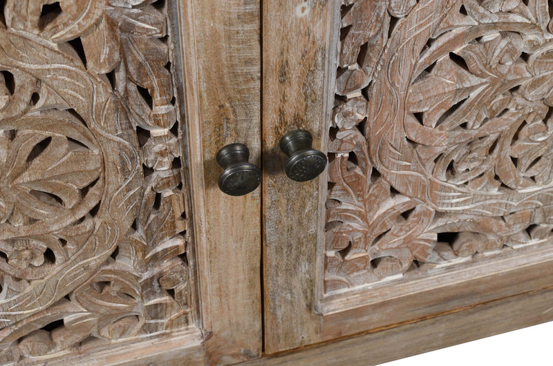 86" Natural Carved Floral Distressed Solid Wood Enclosed Storage TV Stand Homeroots Living Room