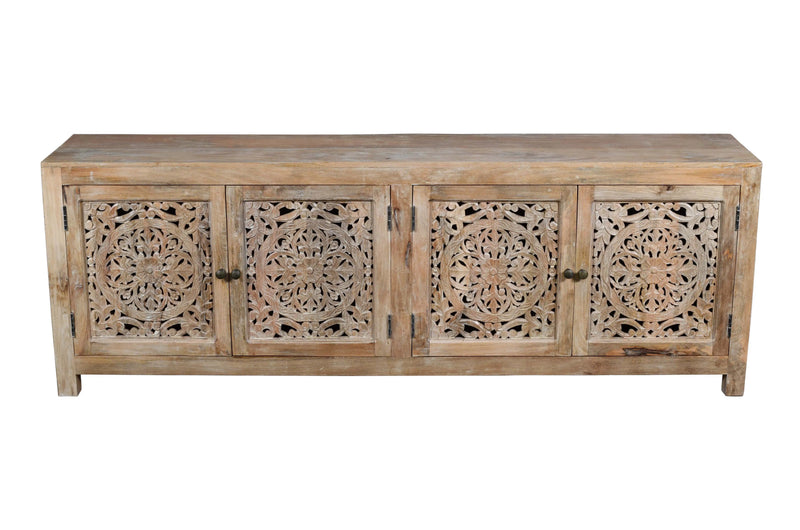 86" Natural Carved Floral Distressed Solid Wood Enclosed Storage TV Stand Homeroots Living Room