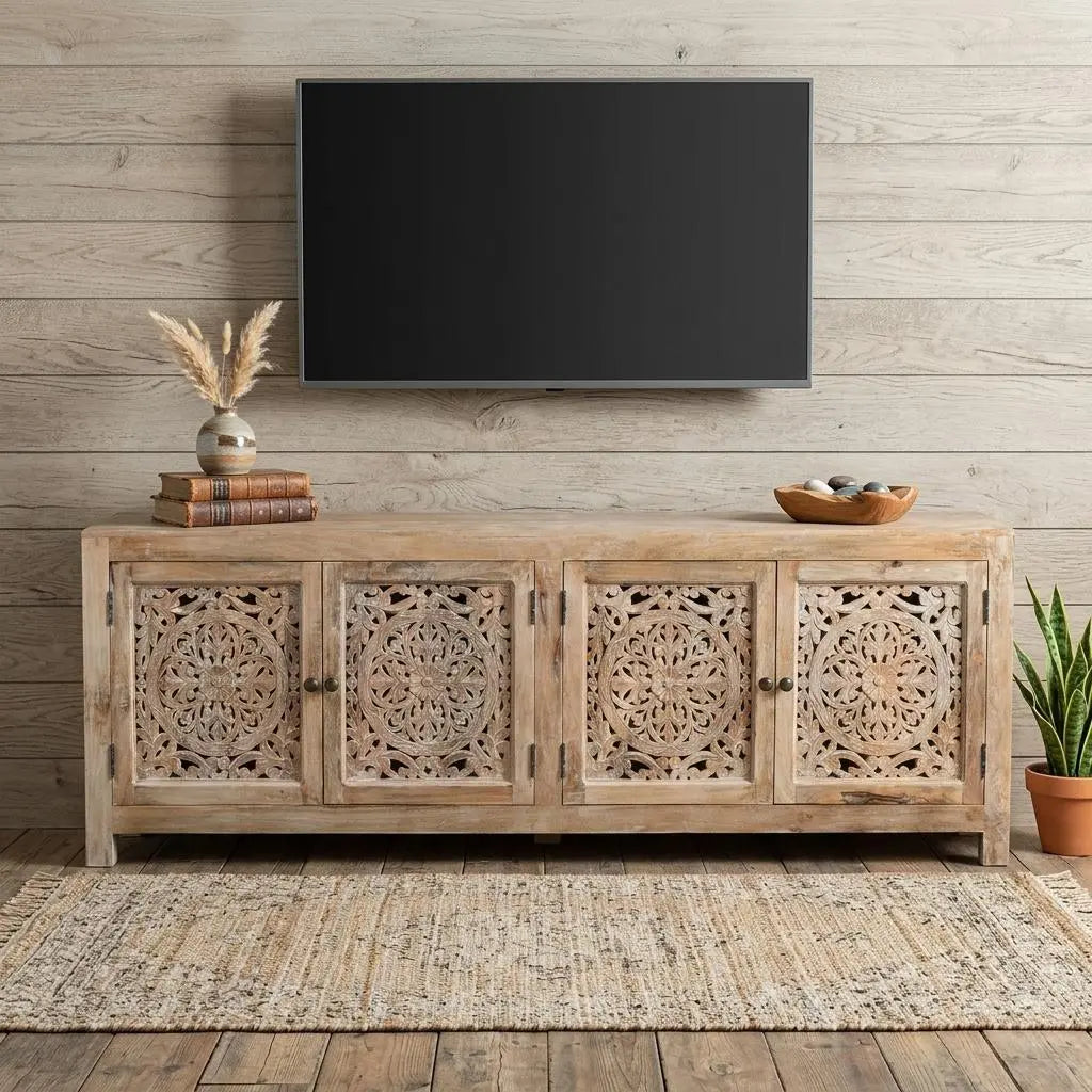 86" Natural Carved Floral Distressed Solid Wood Enclosed Storage TV Stand Homeroots Living Room