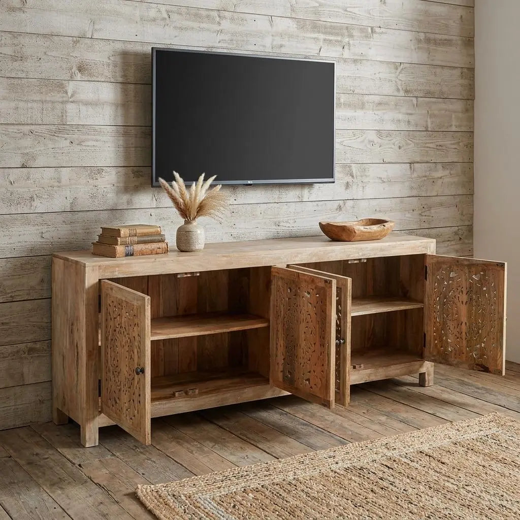86" Natural Carved Floral Distressed Solid Wood Enclosed Storage TV Stand Homeroots Living Room