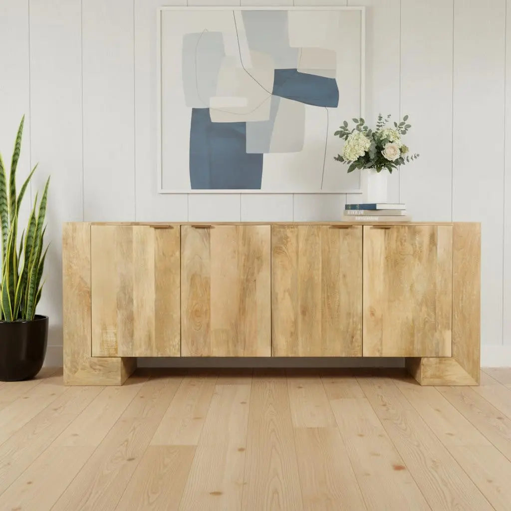 86" Natural Distressed Solid Wood Sideboard with Four Doors Homeroots Kitchen & Dining