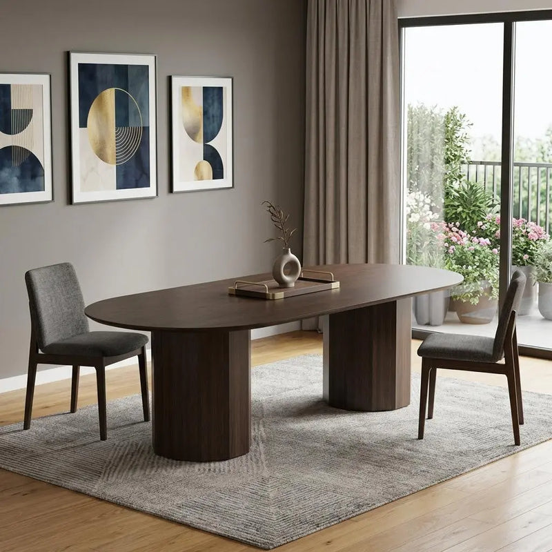 86" Walnut Solid Wood Double Pedestal Base Oval Dining Table Homeroots Kitchen & Dining