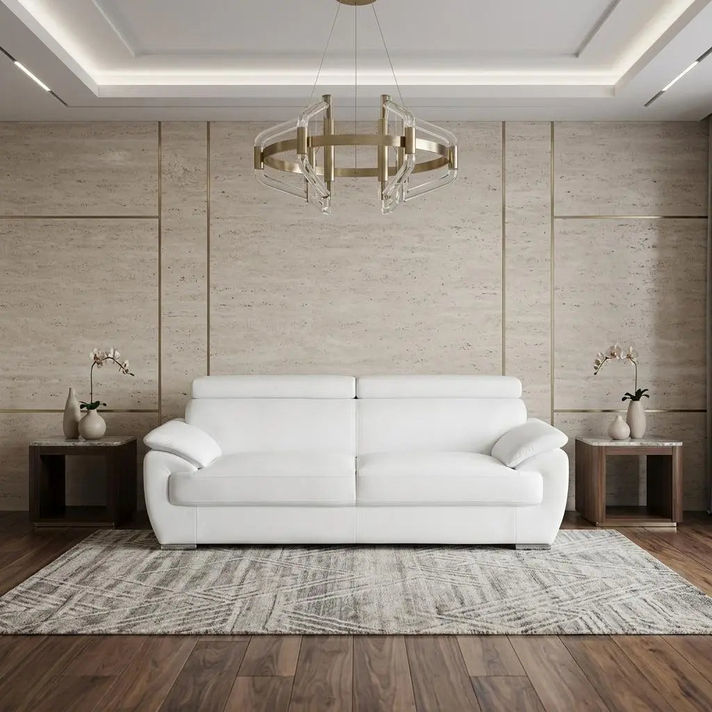 86" White Leather Sofa With Silver Legs Homeroots Living Room