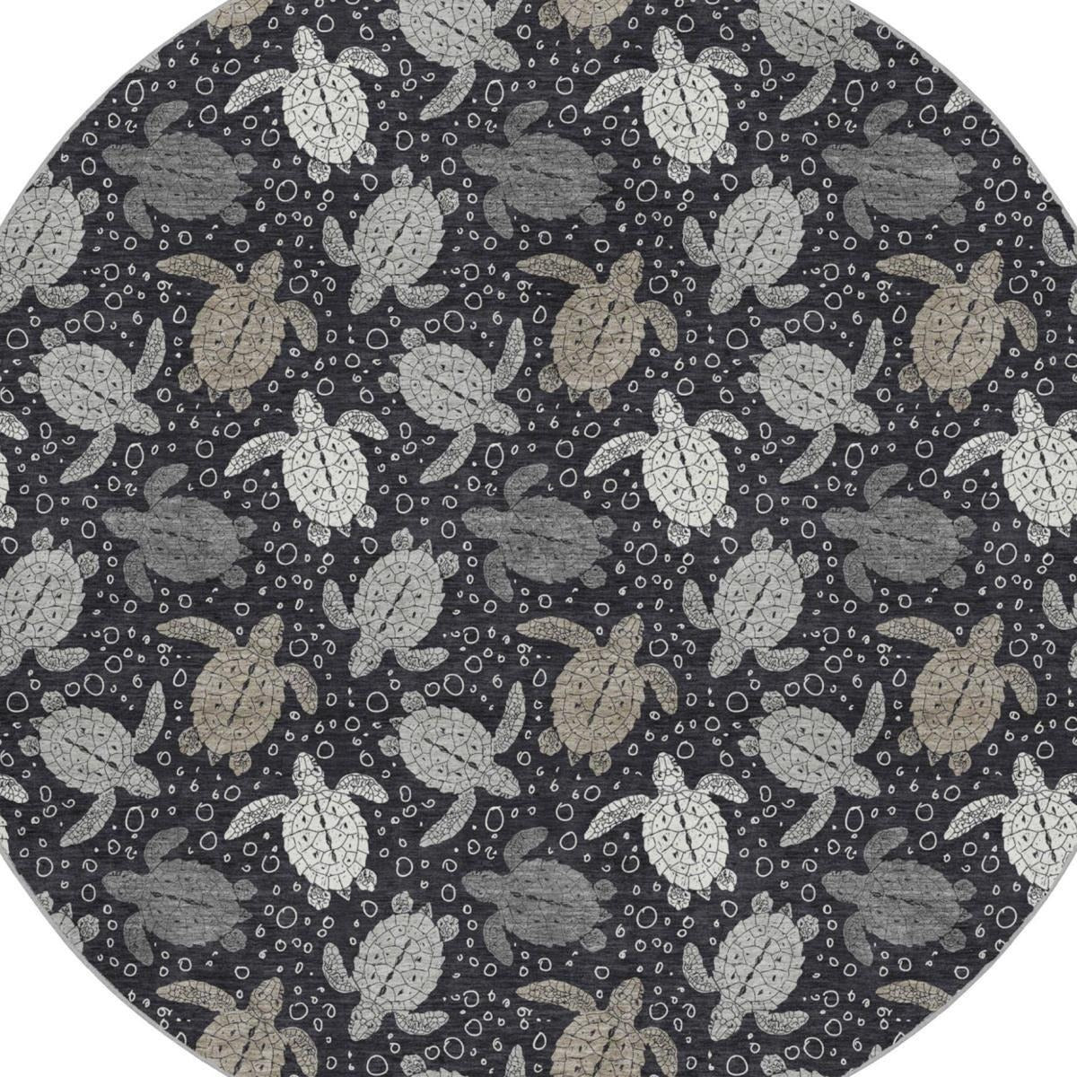 8' Midnight And Taupe Animal Print Shag Washable Round Rug With UV Protection - Home & Garden