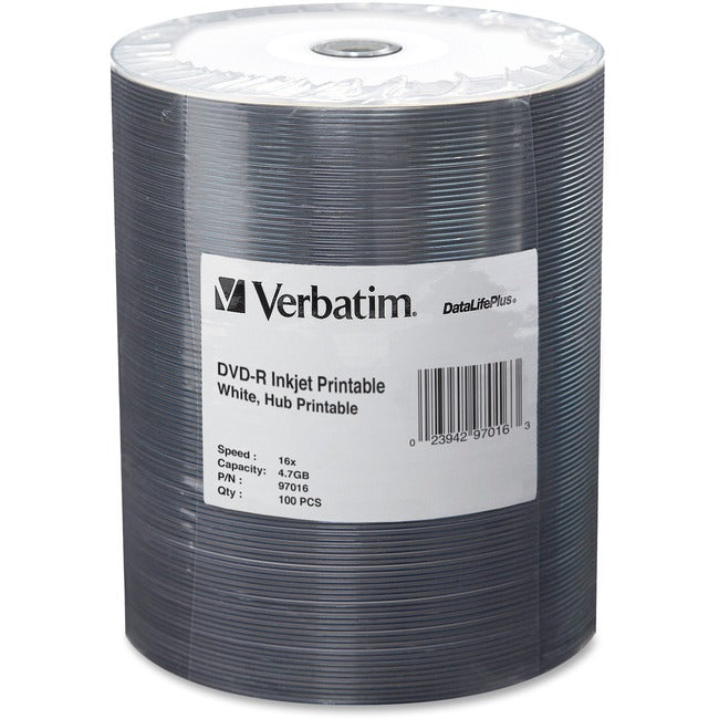 Verbatim DVD-R 4.7GB 16X DataLifePlus White Inkjet Printable, Hub Printable - 100pk Tape Wrap