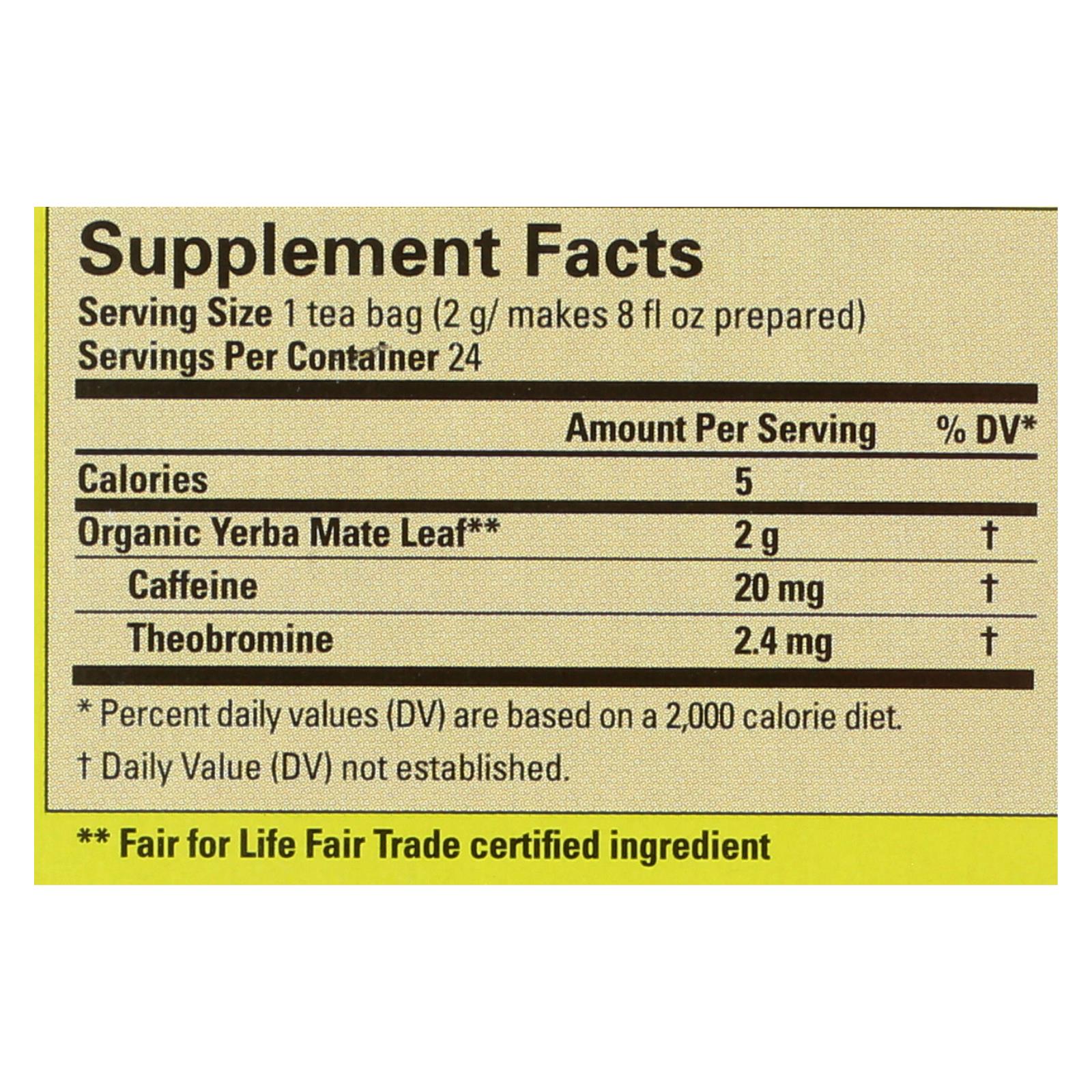 Ecoteas Organic Yerba Mate Unsmoked Green Energy Tea Bags - Case Of 6 - 24 Bags - GreatEagleInc