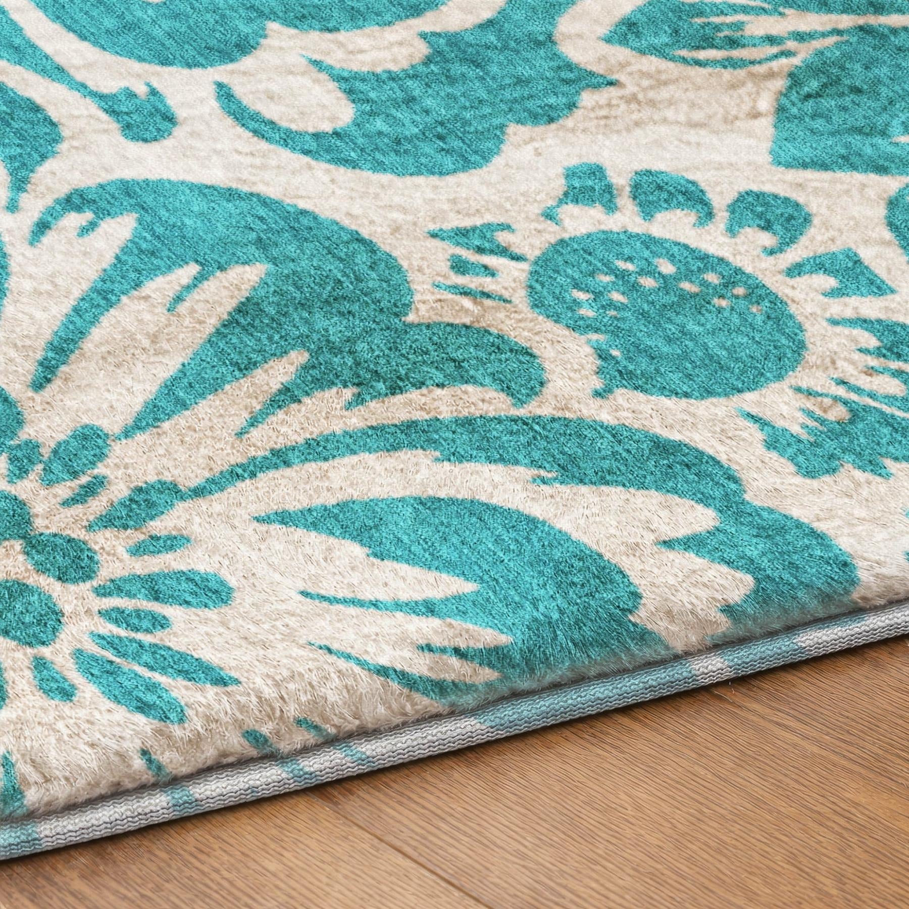 10' X 14' Teal And Ivory Floral Shag Washable Area Rug With UV Protection - Home & Garden