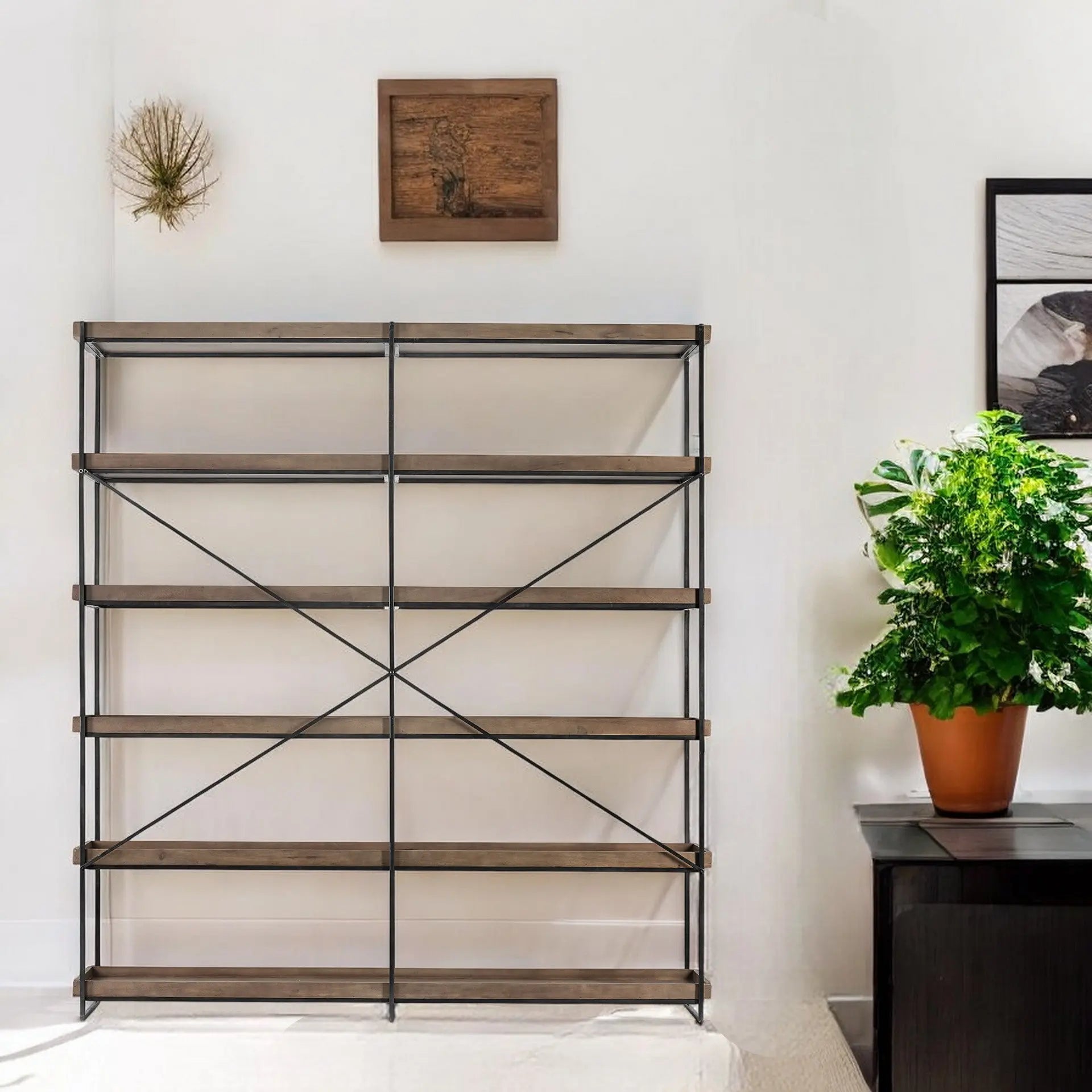 88" Black And Brown Iron and Wood Five Tier Bookcase - GreatEagleInc