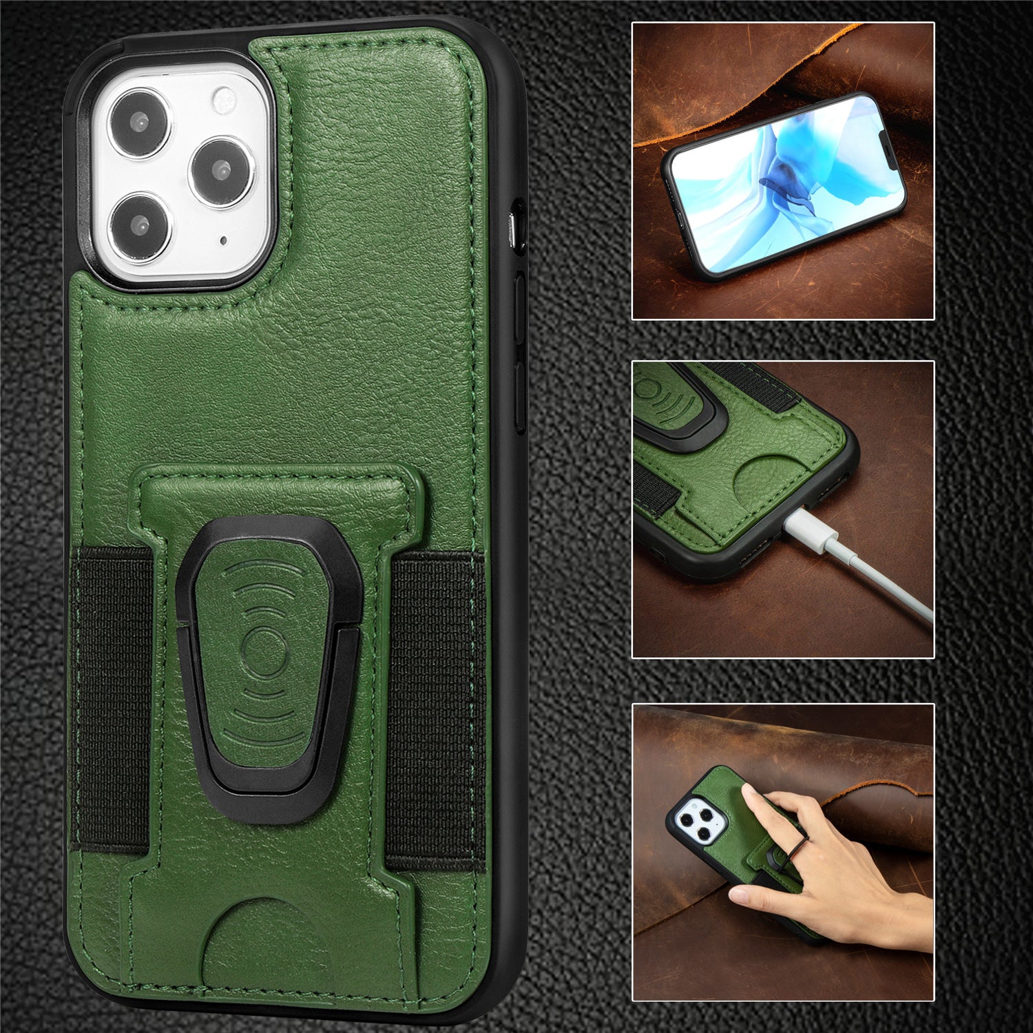 Suitable for iphone12 mobile phone case magnetic suction car multi-card ring bracket four-corner all-inclusive iphone protective cover Green