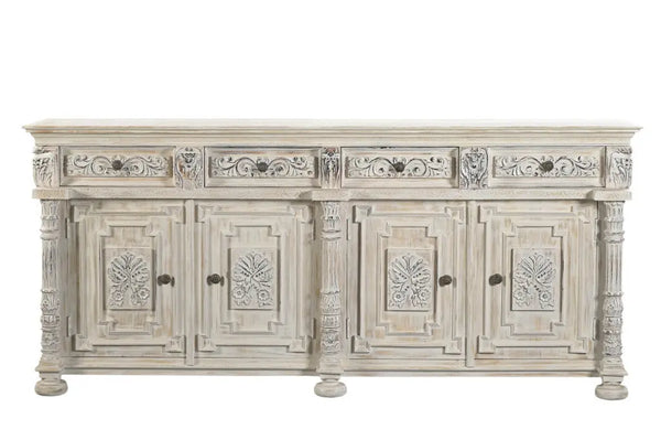 89" White Distressed Solid Wood Carved Scrollwork Four Drawer Sideboard with Four Doors Homeroots Kitchen & Dining