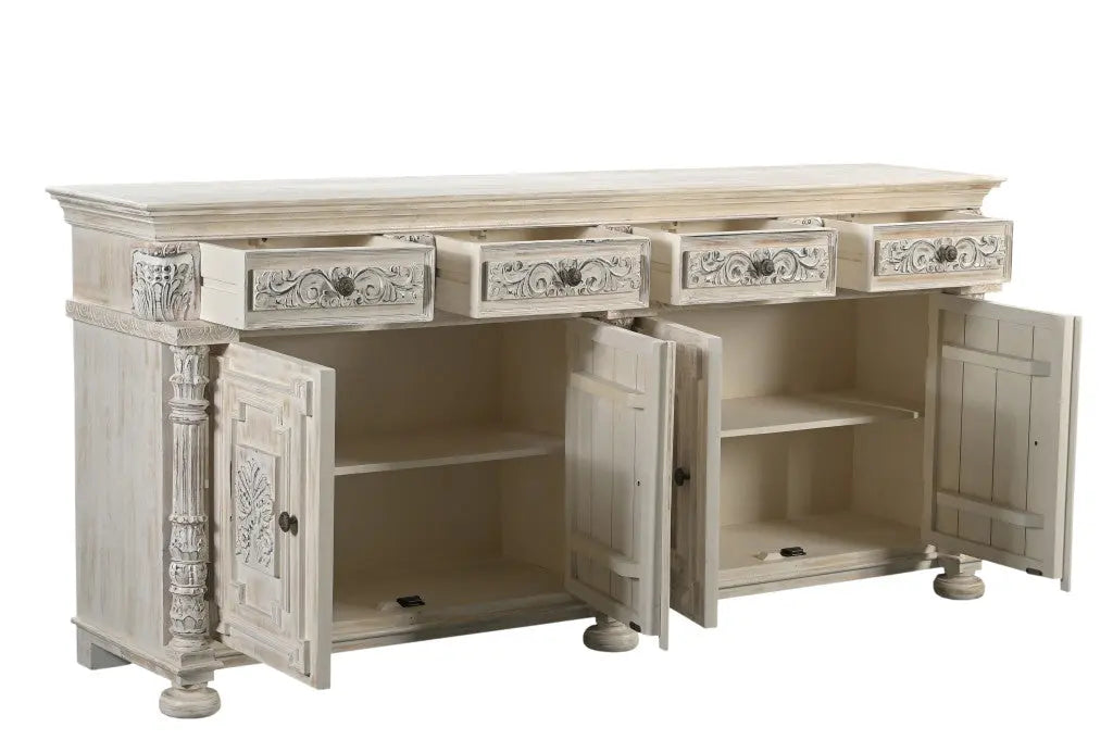 89" White Distressed Solid Wood Carved Scrollwork Four Drawer Sideboard with Four Doors Homeroots Kitchen & Dining