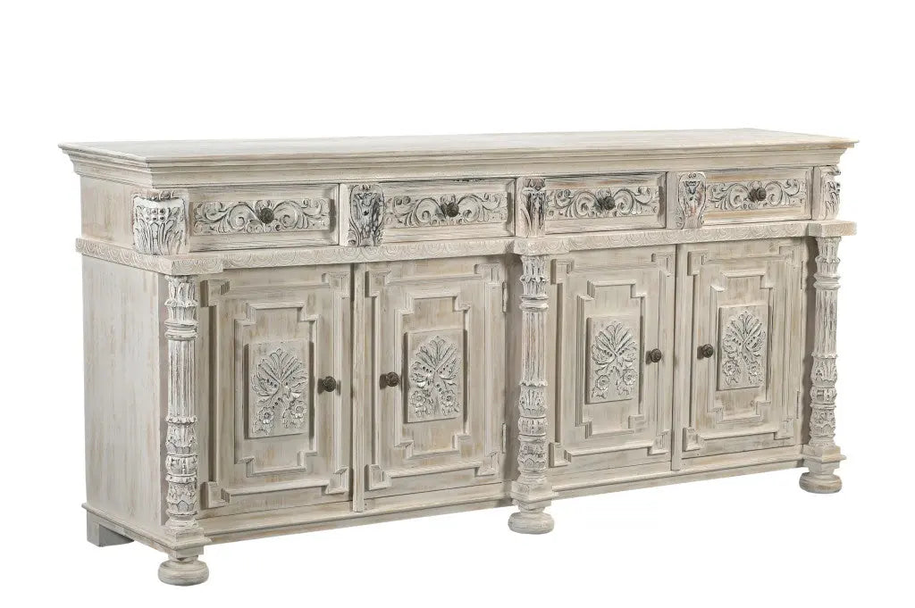 89" White Distressed Solid Wood Carved Scrollwork Four Drawer Sideboard with Four Doors Homeroots Kitchen & Dining