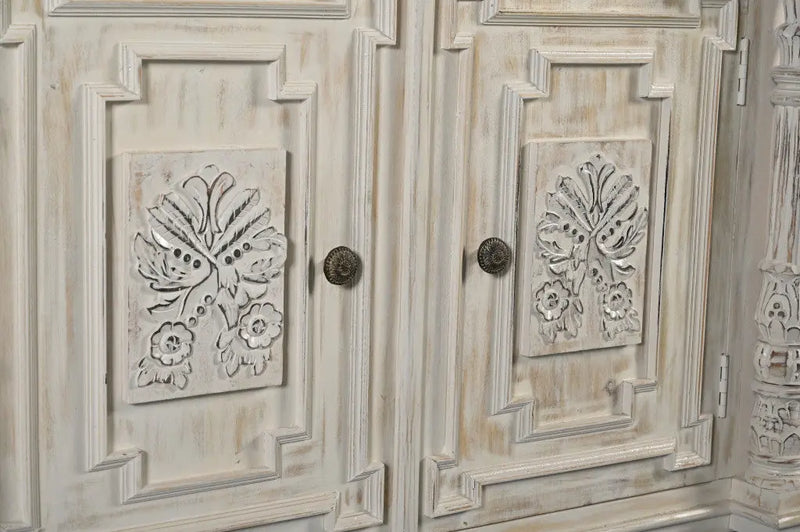 89" White Distressed Solid Wood Carved Scrollwork Four Drawer Sideboard with Four Doors Homeroots Kitchen & Dining