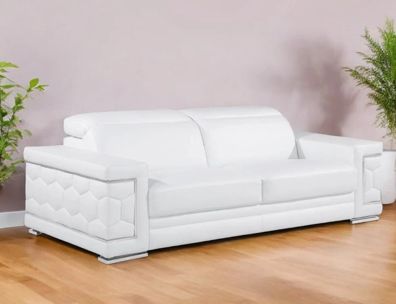 89" White Leather Sofa With Silver Legs Homeroots Living Room