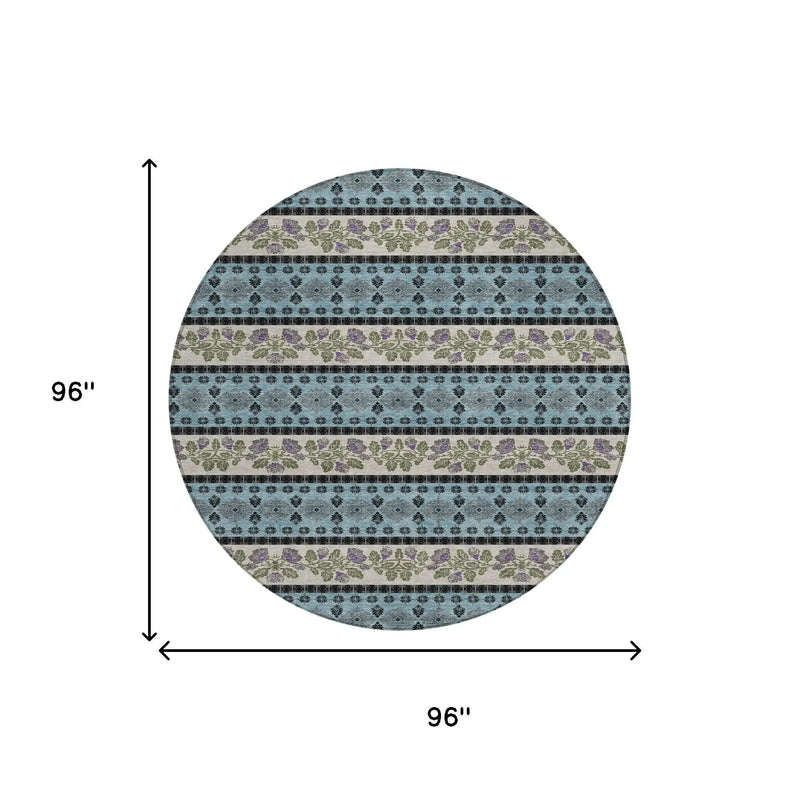 8' Aqua And Charcoal Round Striped Washable Indoor Outdoor Area Rug Homeroots Outdoor