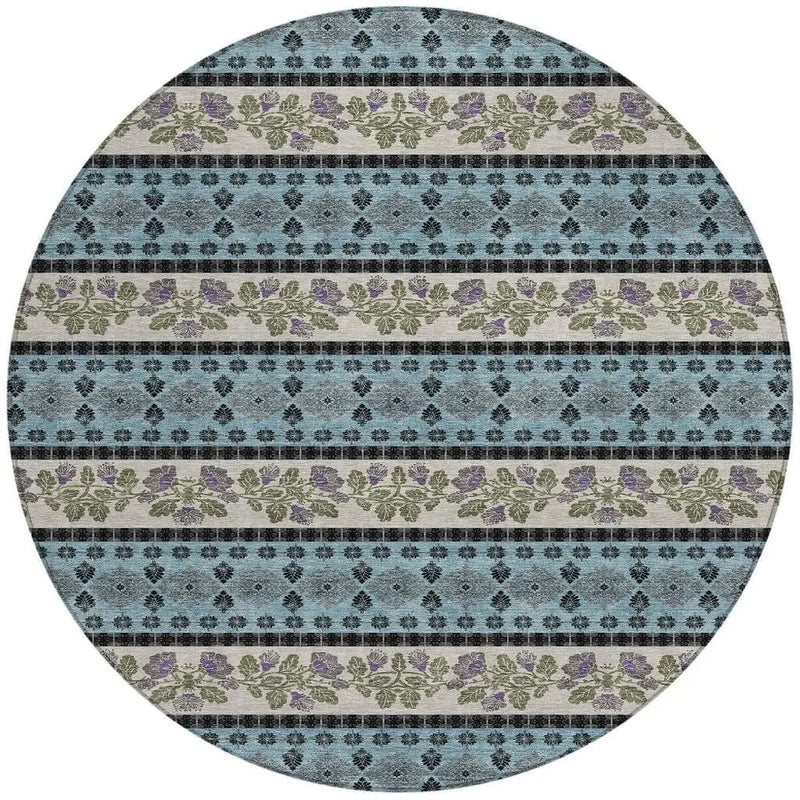 8' Aqua And Charcoal Round Striped Washable Indoor Outdoor Area Rug Homeroots Outdoor
