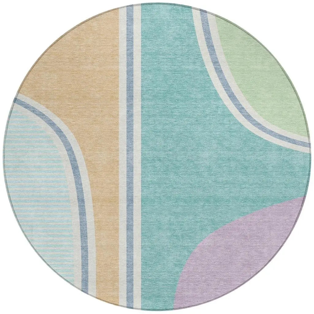 8' Aqua And Copper Round Geometric Washable Indoor Outdoor Area Rug Homeroots Outdoor