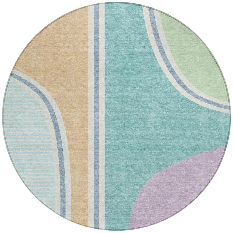 8' Aqua And Copper Round Geometric Washable Indoor Outdoor Area Rug Homeroots Outdoor
