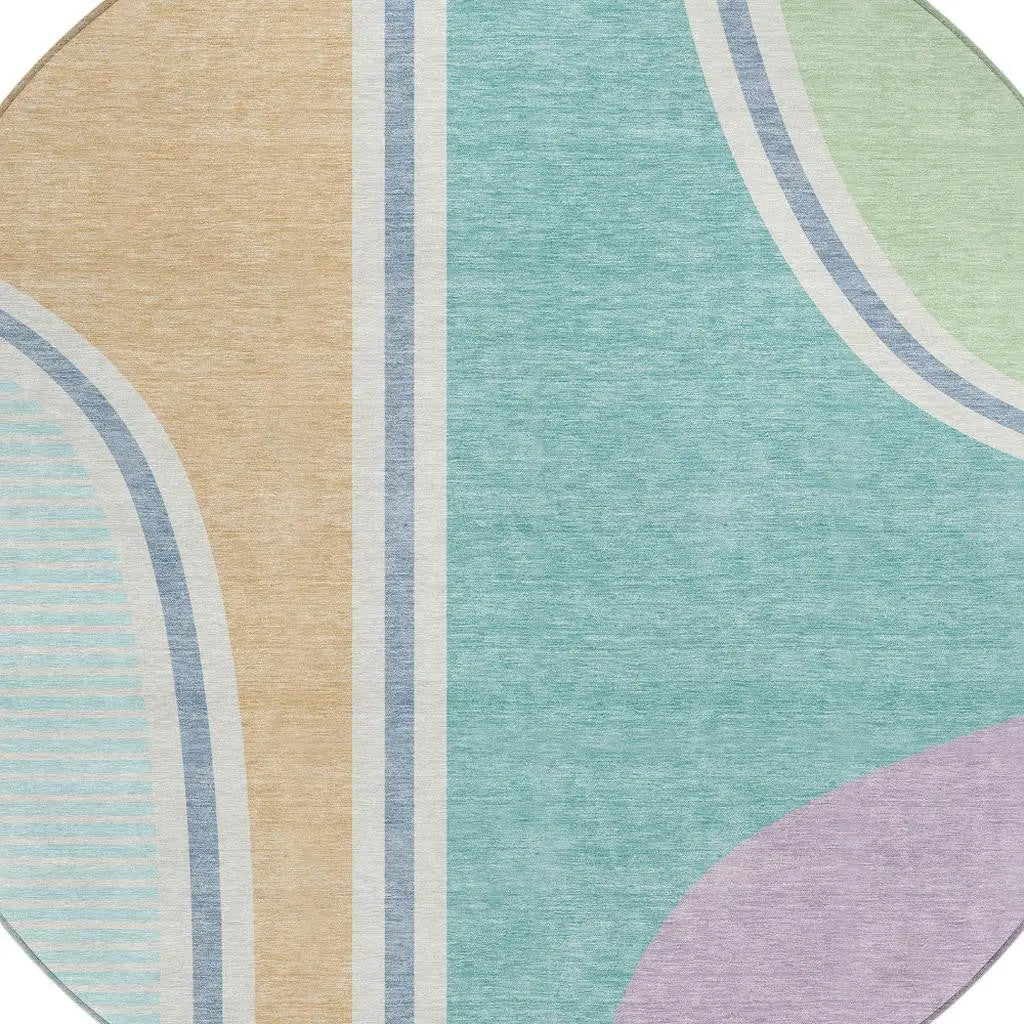 8' Aqua And Copper Round Geometric Washable Indoor Outdoor Area Rug Homeroots Outdoor