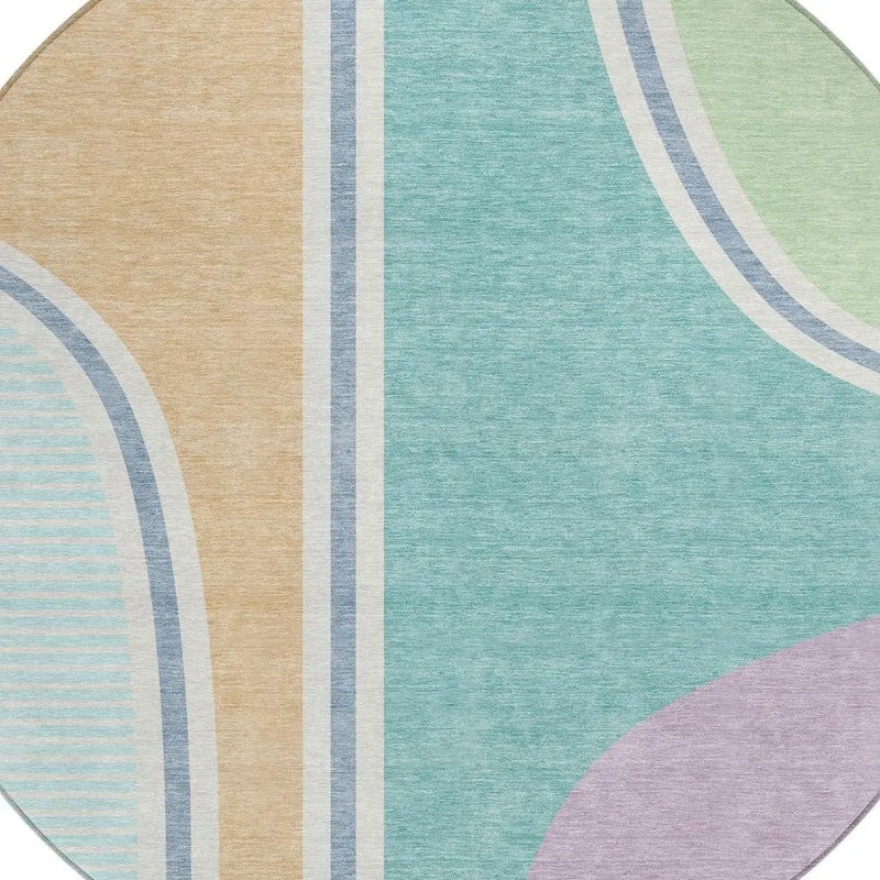 8' Aqua And Copper Round Geometric Washable Indoor Outdoor Area Rug Homeroots Outdoor