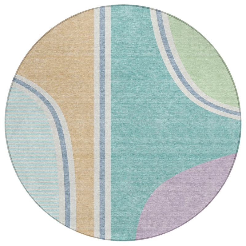 8' Aqua And Copper Round Geometric Washable Indoor Outdoor Area Rug Homeroots Outdoor