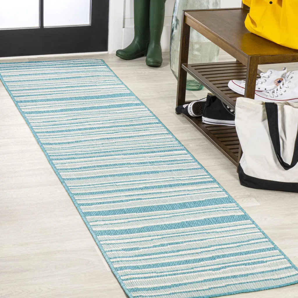 8' Aqua And Cream Striped Indoor Outdoor Runner Rug - GreatEagleInc
