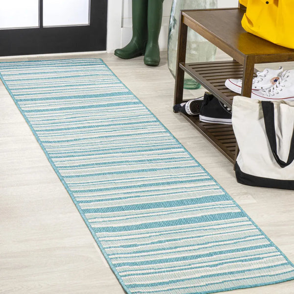 8' Aqua And Cream Striped Indoor Outdoor Runner Rug - GreatEagleInc