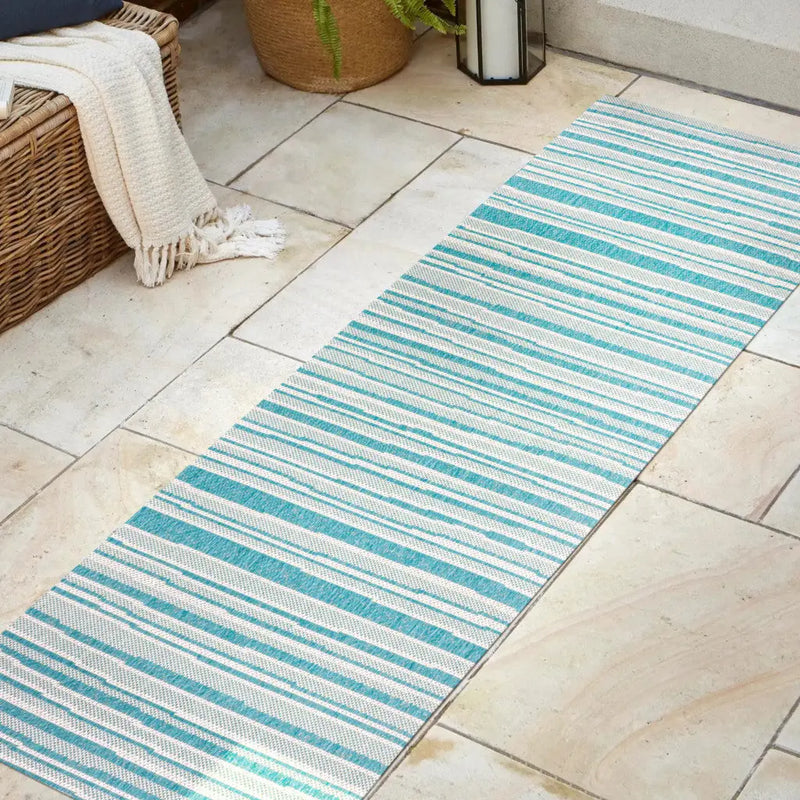 8' Aqua And Cream Striped Indoor Outdoor Runner Rug - GreatEagleInc