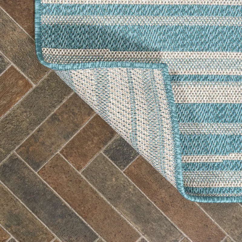 8' Aqua And Cream Striped Indoor Outdoor Runner Rug - GreatEagleInc