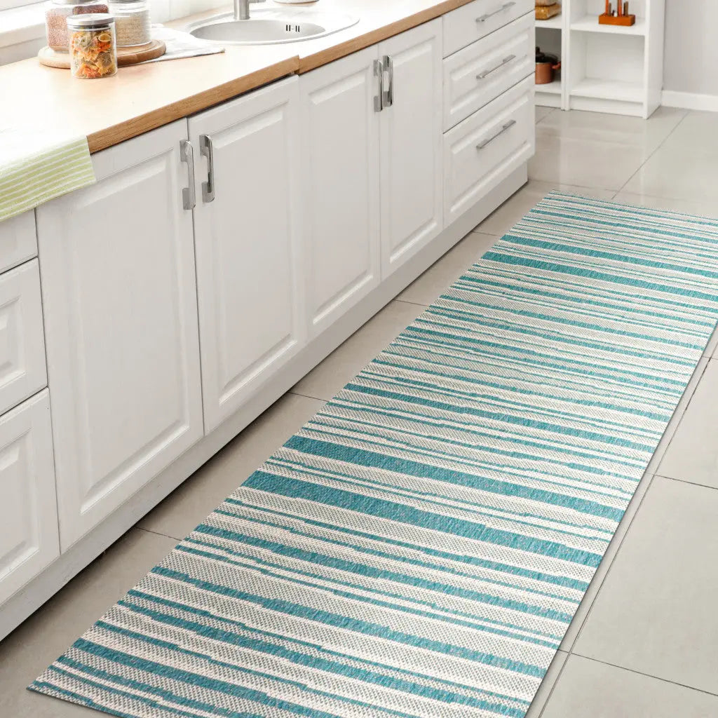 8' Aqua And Cream Striped Indoor Outdoor Runner Rug - GreatEagleInc