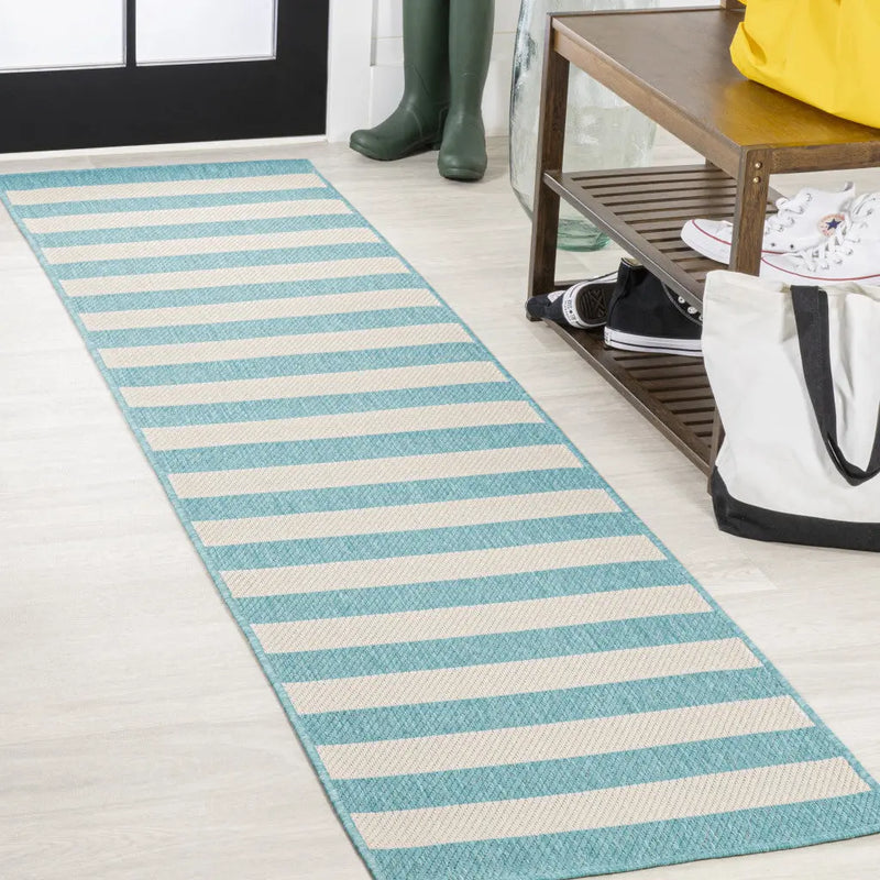 8' Aqua And Cream Striped Indoor Outdoor Runner Rug - GreatEagleInc