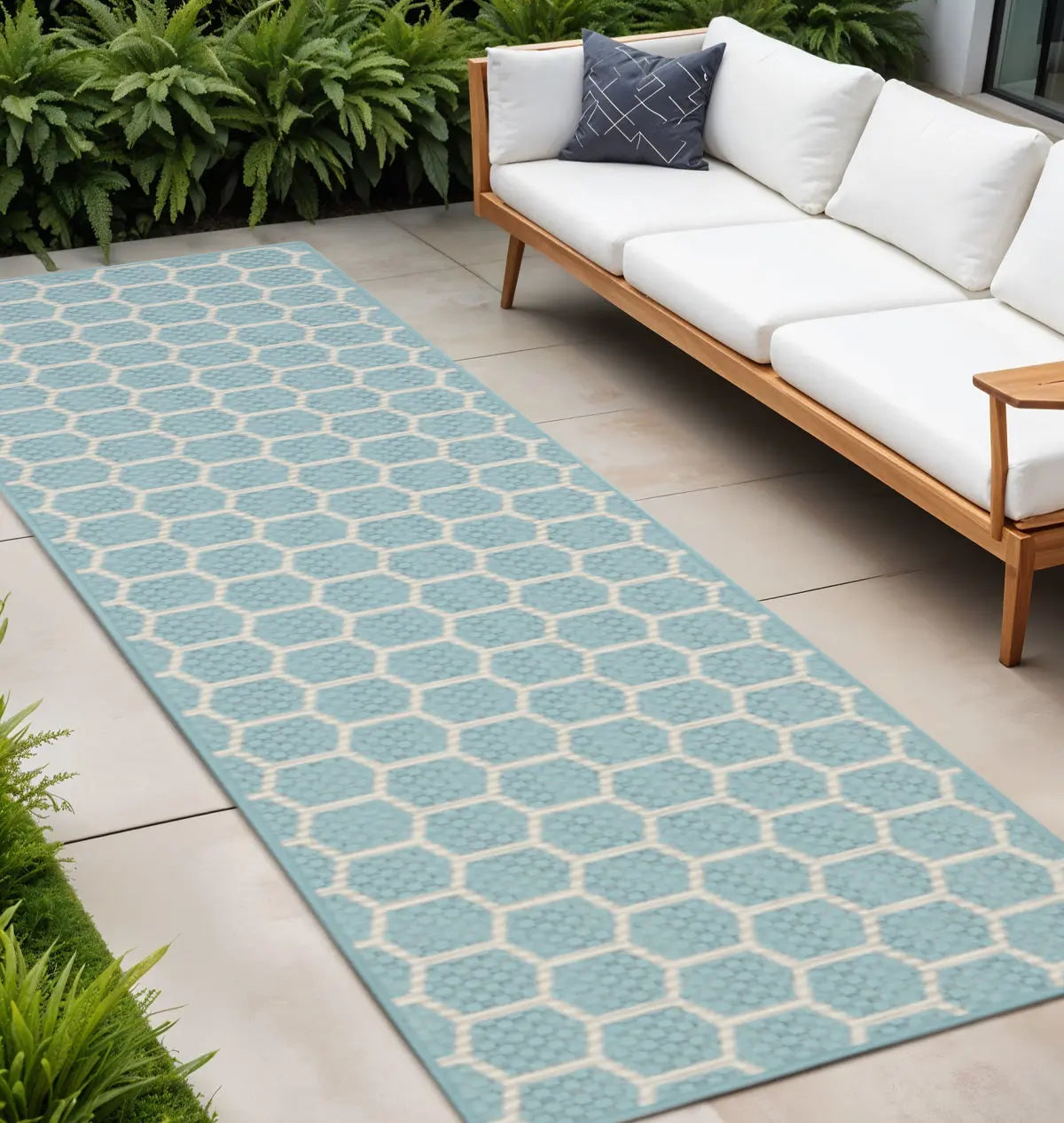 8' Aqua And Ivory Geometric Indoor Outdoor Runner Rug Homeroots Outdoor
