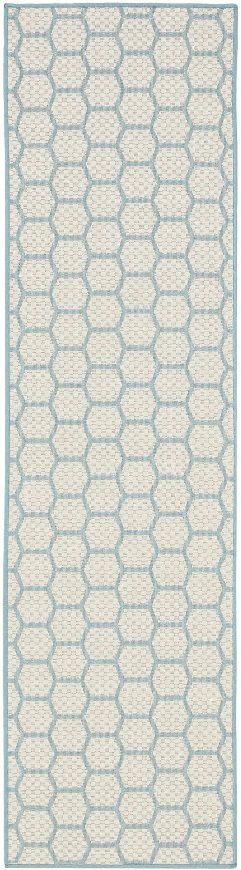 8' Aqua And Ivory Geometric Indoor Outdoor Runner Rug Homeroots Outdoor
