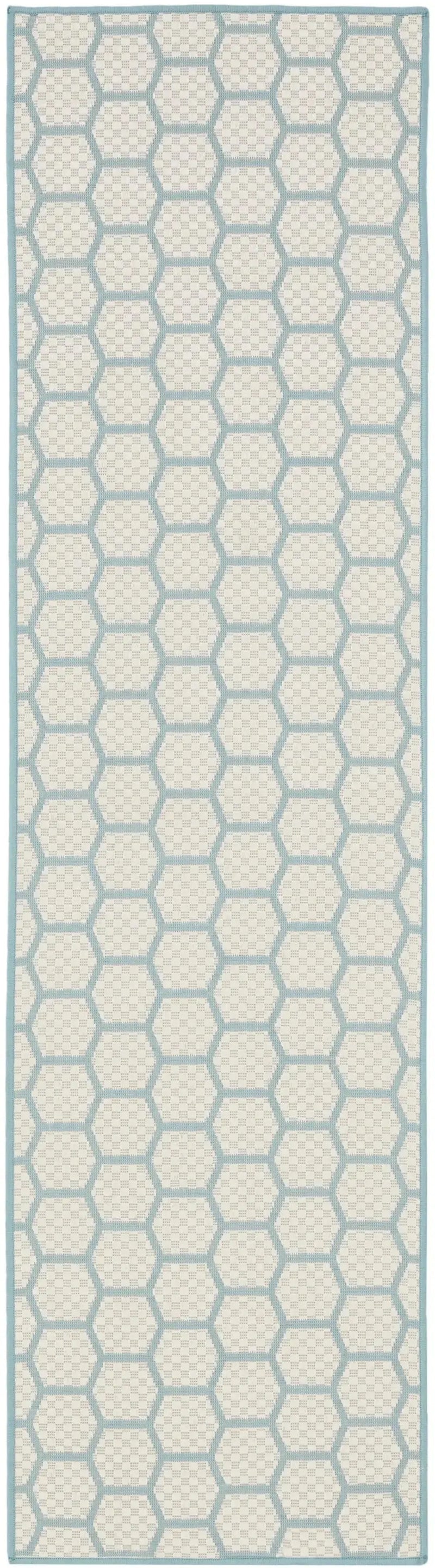8' Aqua And Ivory Geometric Indoor Outdoor Runner Rug Homeroots Outdoor