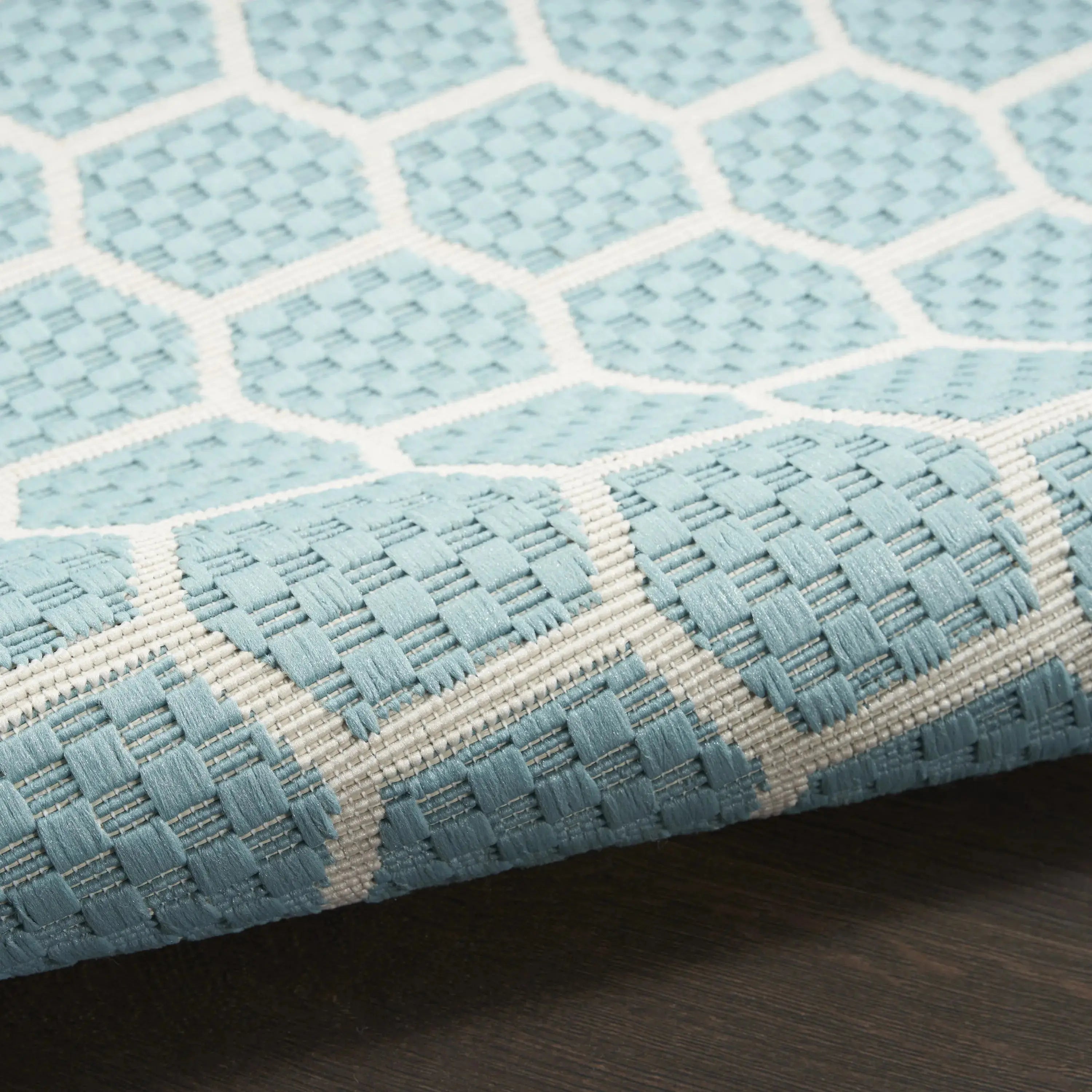 8' Aqua And Ivory Geometric Indoor Outdoor Runner Rug Homeroots Outdoor