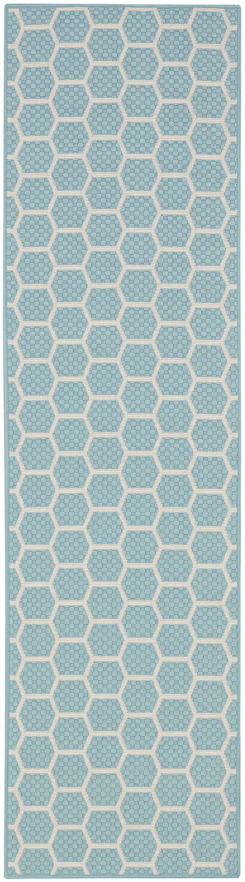 8' Aqua And Ivory Geometric Indoor Outdoor Runner Rug Homeroots Outdoor