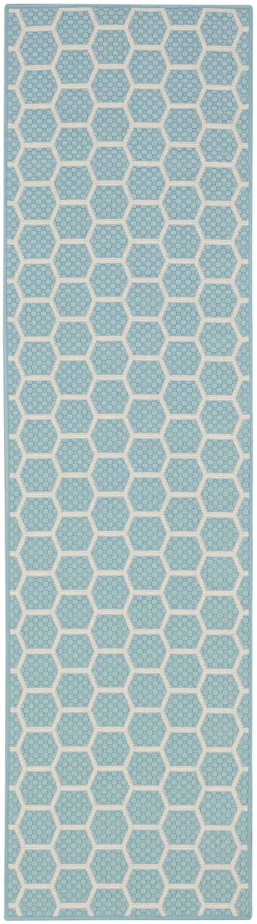 8' Aqua And Ivory Geometric Indoor Outdoor Runner Rug Homeroots Outdoor
