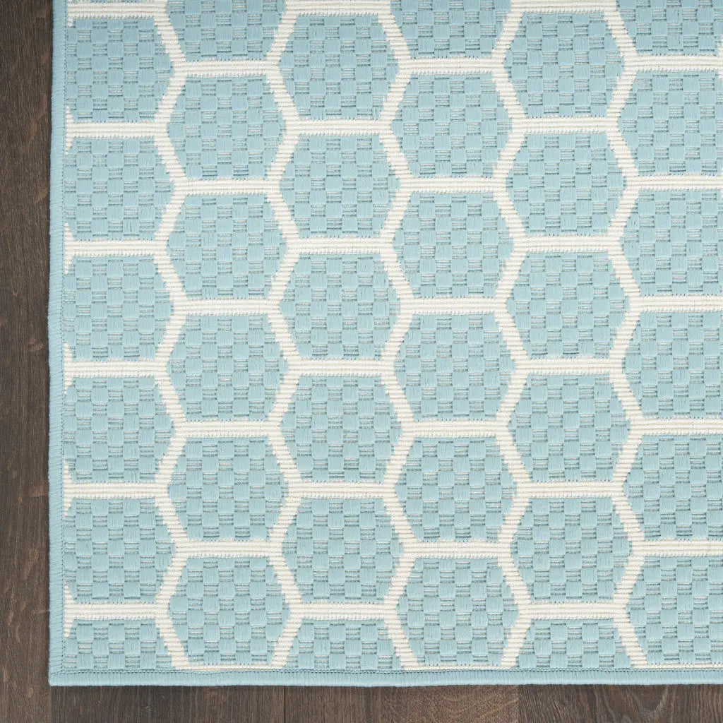 8' Aqua And Ivory Geometric Indoor Outdoor Runner Rug Homeroots Outdoor