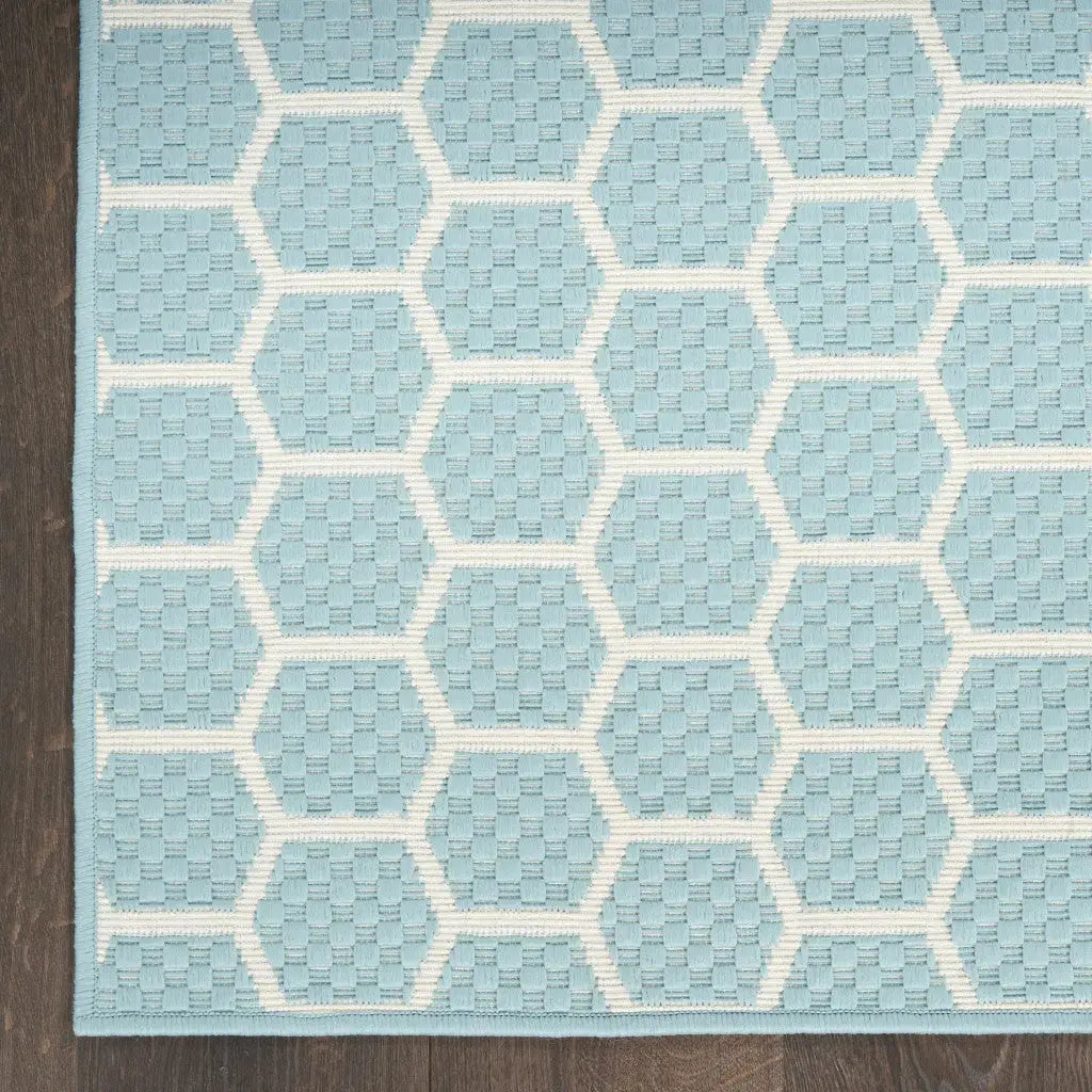 8' Aqua And Ivory Geometric Indoor Outdoor Runner Rug Homeroots Outdoor
