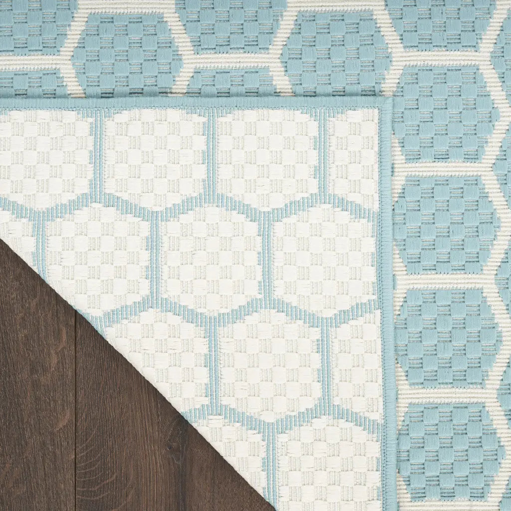 8' Aqua And Ivory Geometric Indoor Outdoor Runner Rug Homeroots Outdoor