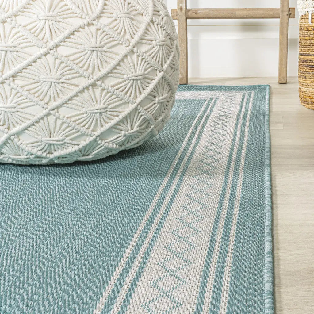 8' Aqua And Light Gray Indoor Outdoor Runner Rug - GreatEagleInc