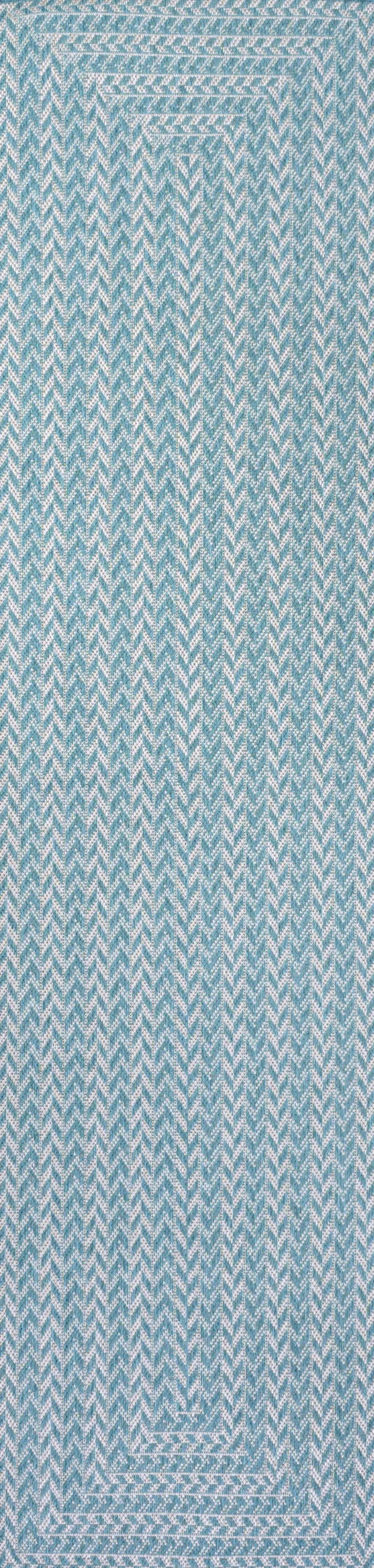 8' Aqua And Light Gray Striped Indoor Outdoor Runner Rug - GreatEagleInc