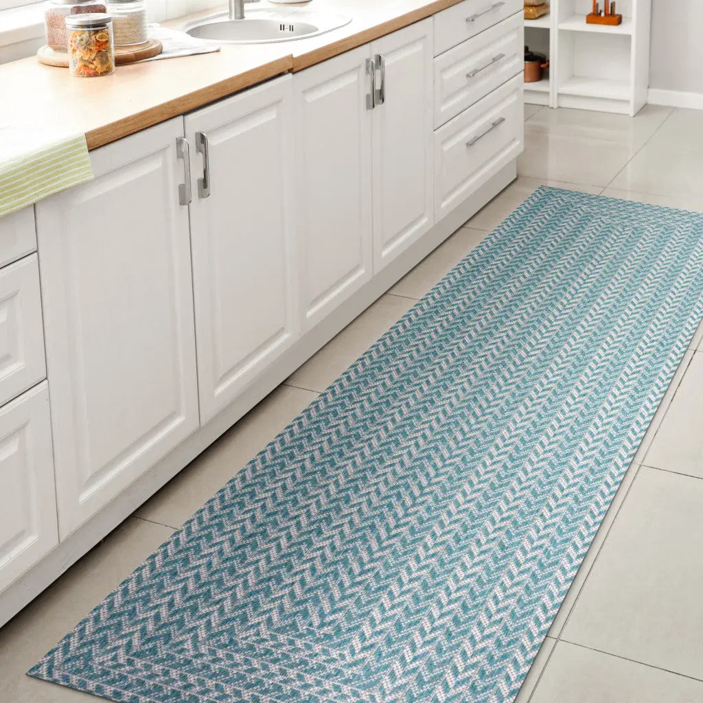 8' Aqua And Light Gray Striped Indoor Outdoor Runner Rug - GreatEagleInc