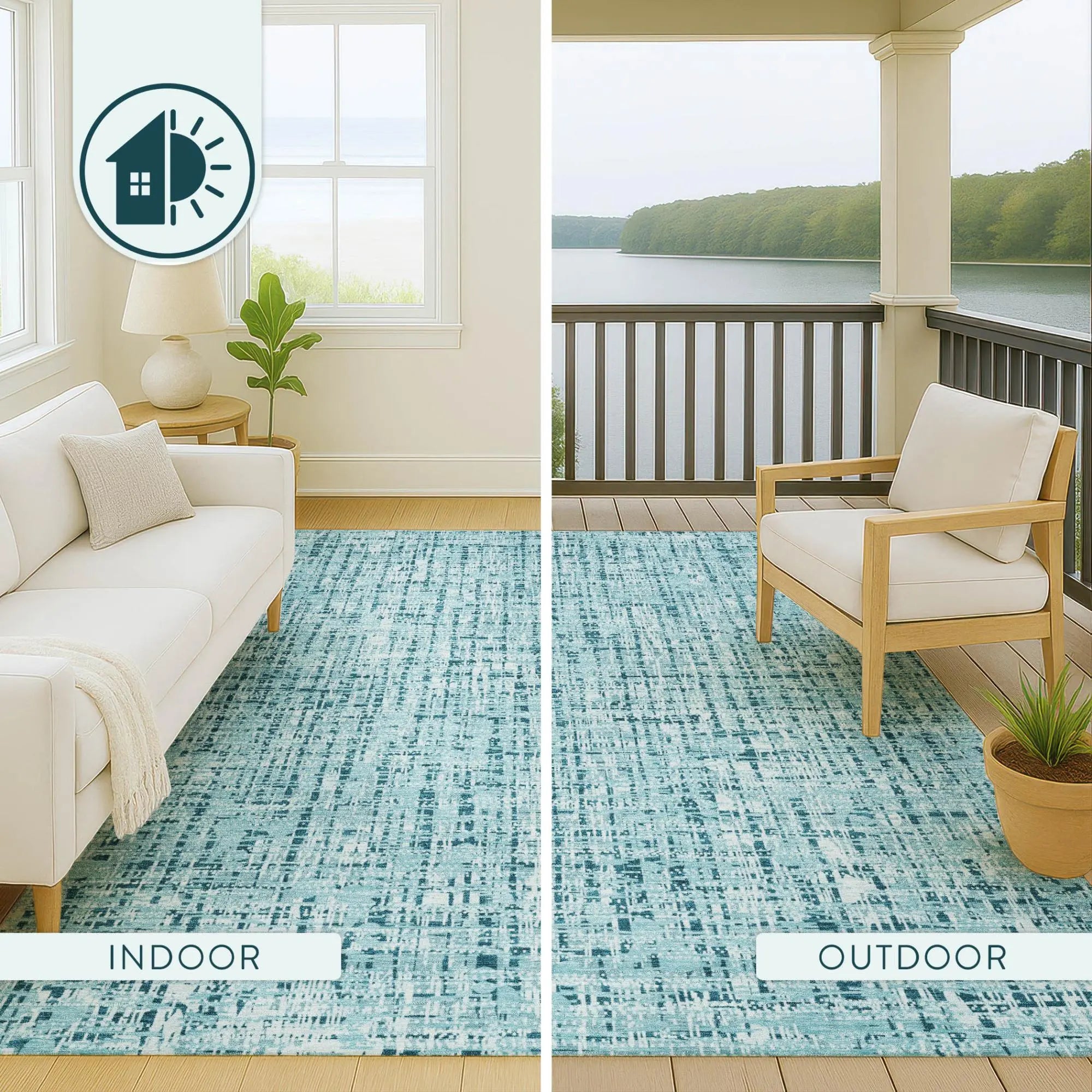 8' Aqua And Teal Blue Round Abstract Washable Indoor Outdoor Area Rug Homeroots Outdoor